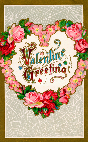 Valentine Greeting with Heart-Shaped Flower Garland, 1910s (chromolitho)