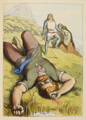 Jack with two people he has rescued, looking at a giant he has felled. Colour illustration in a children's book.