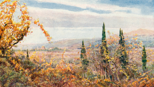'And out of a valley of grape and grain there blossoms a City of domes and towers' (colour litho)