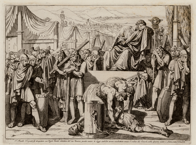 Titus Manlius Torquatus having his son beheaded for leaving his post in battle (etching)
