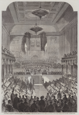 The Duke of Leinster presenting Prizes to the Children of the Masonic Female Orphan School at Dublin, in the Great Hall of Ancient Concert Rooms (engraving)