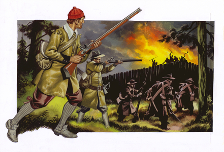 American settlers attacking the Indian stockade at Pocasset Neck, 1676 (gouache on paper)