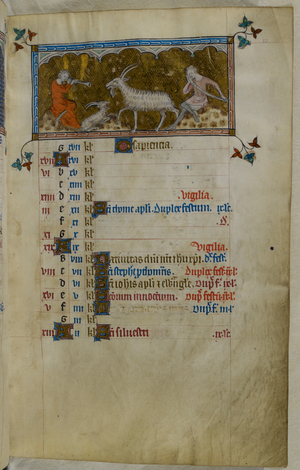 Miniature of goatherds and goats (for the zodiac sign Capricorn), from a calendar page for December