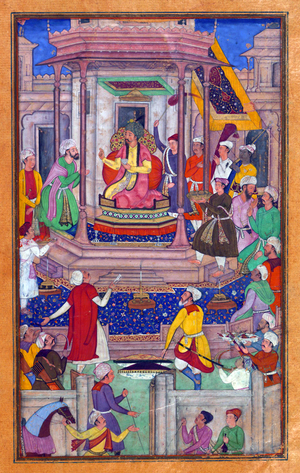 India: Scene from the Baburnama.  Babur being entertained at Ghaznī by Jahāngīr Mīrzā