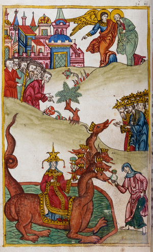Russian Orthodox miniature depicting St John and the seven headed beast.