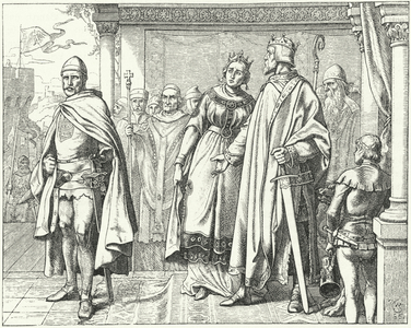 Ernest II, Duke of Swabia, before King Conrad II of Germany after rebelling against him, 1026 (engraving)