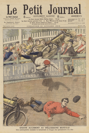 Serious accident in the Velodrome Buffalo in Paris (colour litho)
