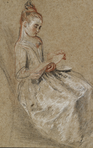 Girl Seated with a Book of Music on her Lap (black, red & white chalks on coarse-textured brown paper)