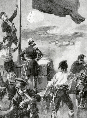 Spain. Cantonal Revolution. Murcia. Cartagena. Capitulation of Cartagena, January 12, 1874 (engraving)