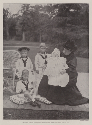 The Queen and her Infant Great-Grandchildren, the Family of the Duke of York (b/w photo)