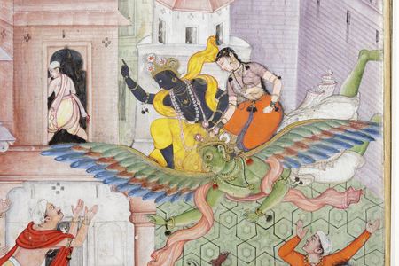 Detail from Krishna Cleaves the Demon Narakasura with his Discus, c.1585-90 (opaque w/c & gold on paper)