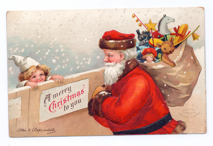 Edwardian Christmas postcard of Father Christmas with a sack of toys over his shoulder speaking to a child over a gate, c.1910 (colour litho)