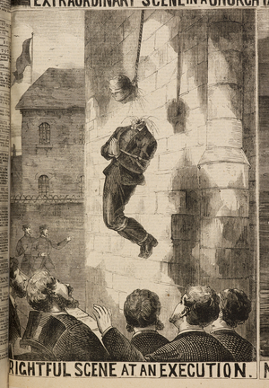 'Frightful scene at an execution'. A prisoner is decapitated as he is being hanged.