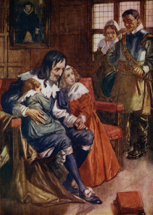 Princess Elizabeth, daughter of King Charles I of England, pleading with his captors to spare him from harm, 1649 (colour litho)