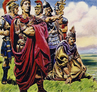 Following the conquest of Gaul, Julius Caesar set his sights on Britain (colour litho)