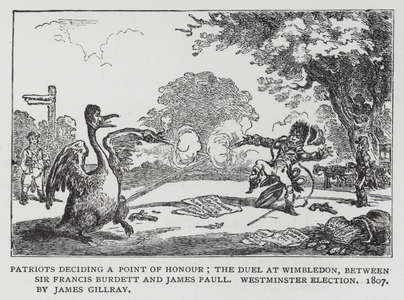 Patriots Deciding a Point of Honour; the Duel at Wimbledon, Between Sir Francis Burdett and James Paull. Westminster Election, 1807 (engraving)