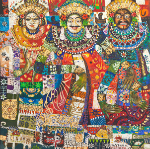 Three masked dancers, 1981 (oil and gold leaf on canvas)
