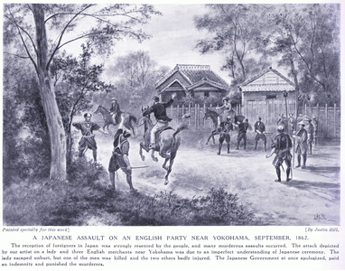 A Japanese assault on an English party near Yokohama AD1862 (litho)