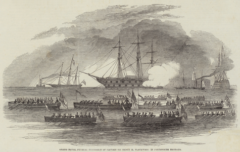 Grand Naval Funeral Procession of Captain Sir Henry M Blackwood in Portsmouth Harbour (engraving)