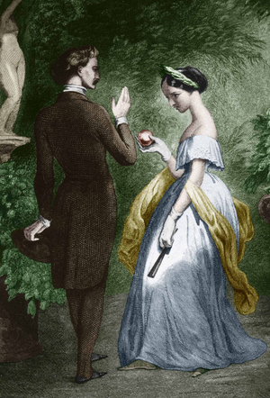 Edmond Dantes count of Monte-Cristo and Mrs de Morcerf, engraving for book by Alexandre Dumas the Elder "The Count of Monte Cristo " (1844) colourized document