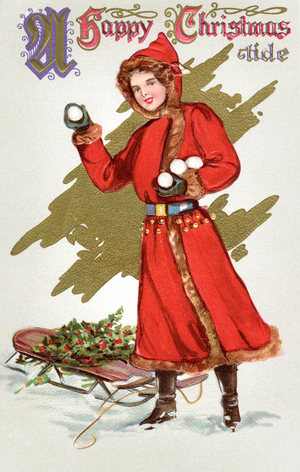 Girl Throwing Snowballs in a Christmas Landscape, 1918 (chromolithograph)