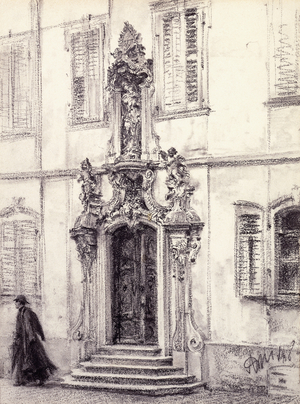 A Man Descending the Stairway of a Building Decorated with a Baroque Portal, 1884 (black chalk on cream paper)