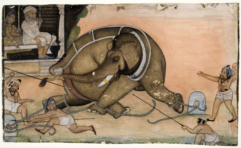 Capture and Taming of Wild Elephant (black ink & brush, polychrome gouache & gold pigment on paper)