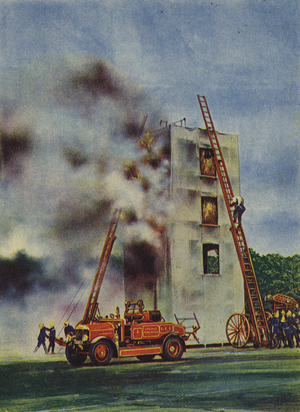 Firemen training: rescuing dummies from a burning tower (colour litho)