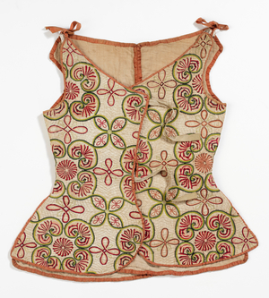 COSTUME: waistcoat: bodice: jumps, England (place of manufacture), c. 1730-1740 (linen, silk, wool, hand-stitched)