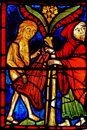 Window w21 depicting Zosimus gives St Mary the Egyptian his cloak (stained glass)