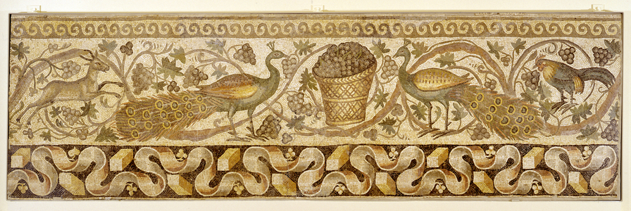 Mosaic of a Vine Scroll Border with Peacocks, Antioch, 526-540 (marble and limestone tesserae embedded in lime mortar)
