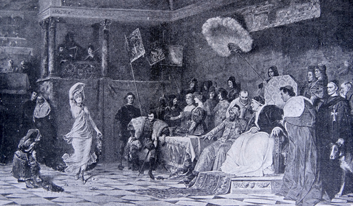Lucrezia Borgia dancing in the presence of her father, Pope Alexander VI, and his cardinals