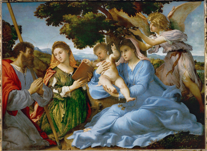 Virgin and child with Saint Catherine of Alexandria and Saint James the Elder (painting on canvas)