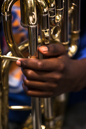 Hand of a tuba player on his instrument, 2014 (photo)