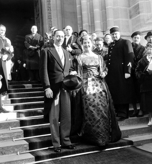 Henri of Orleans, Count of Paris, and his Wife Countess of Paris at Their Daughter Helene of France'S Wedding, 1957 (b/w photo)