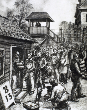 WORLD WAR II (1939-1945). British soldiers imprisoned in a German camp receiving packages of the Red Cross, 1943. Drawing.