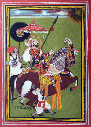 India: Equestrian portrait of Ari Singh II, Maharana of Udaipur, Rajasthan (r. 1762-1772), Mewar, c.  early 19th century