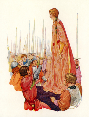 The Knights saluting Princess Guinevere, their future Queen (colour litho)