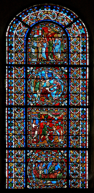 Window wXXI depicting a composite window of 4 panels, three in connection with St Gervais and St Protais (stained glass)