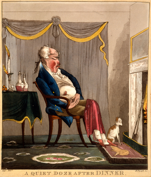A Quiet Doze After Dinner, print made by H. Pyall, c.1827-33 (hand-coloured engraving)