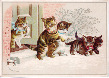 A Victorian card of cats and kittens leaving a house, c.1880 (colour litho)