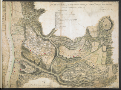 Plan of the Position of the Army under the command of Lieut. Genl. Burgoyne near Still Water, in which it encamped on ye. 20th September 1777, 1777 (coloured engraving)