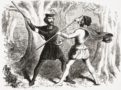 Two men fighting with quarter staffs, Robin Hood and Little John, from The National and Domestic History of England by William Aubrey pub. London, c.1890