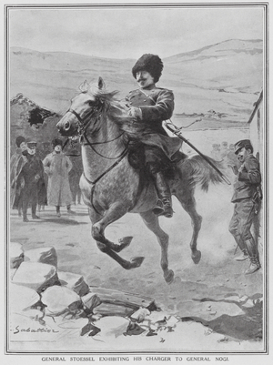 Russian general Anatoly Stoessel riding his horse, Russo-Japanese War, 1905 (litho)
