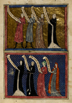 Men and women wounded by the God of Love from 'Le Roman de la Rose', 14th century