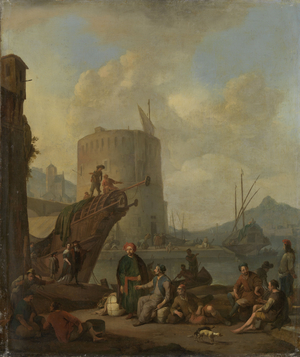 Italian Harbor with a Fortified Tower, 1664 (oil on canvas)