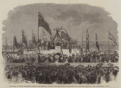 The Earl of Mount Edgcumbe placing the Memorial Stone of the Devonport, Stonehouse, and Cornwall Hospital (engraving)