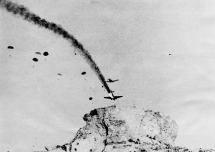 Crash of a Ju-52 transport plane on Crete, 1941 (b/w photo)