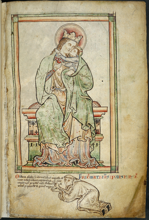 Royal 14 C. VII, f.6 Virgin and Child with artist, illustration from 'Historia Anglorum, Chronica Majora, Part III', by Matthew Paris, 1250-59 (vellum)