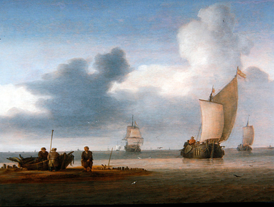Beach Scene with Sailboats and Fishermen (oil on panel)